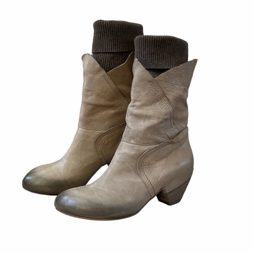 Vic Matie Mid Shaft Pull On Boot Brown Leather Sweater Built in size 37.5 NWOT